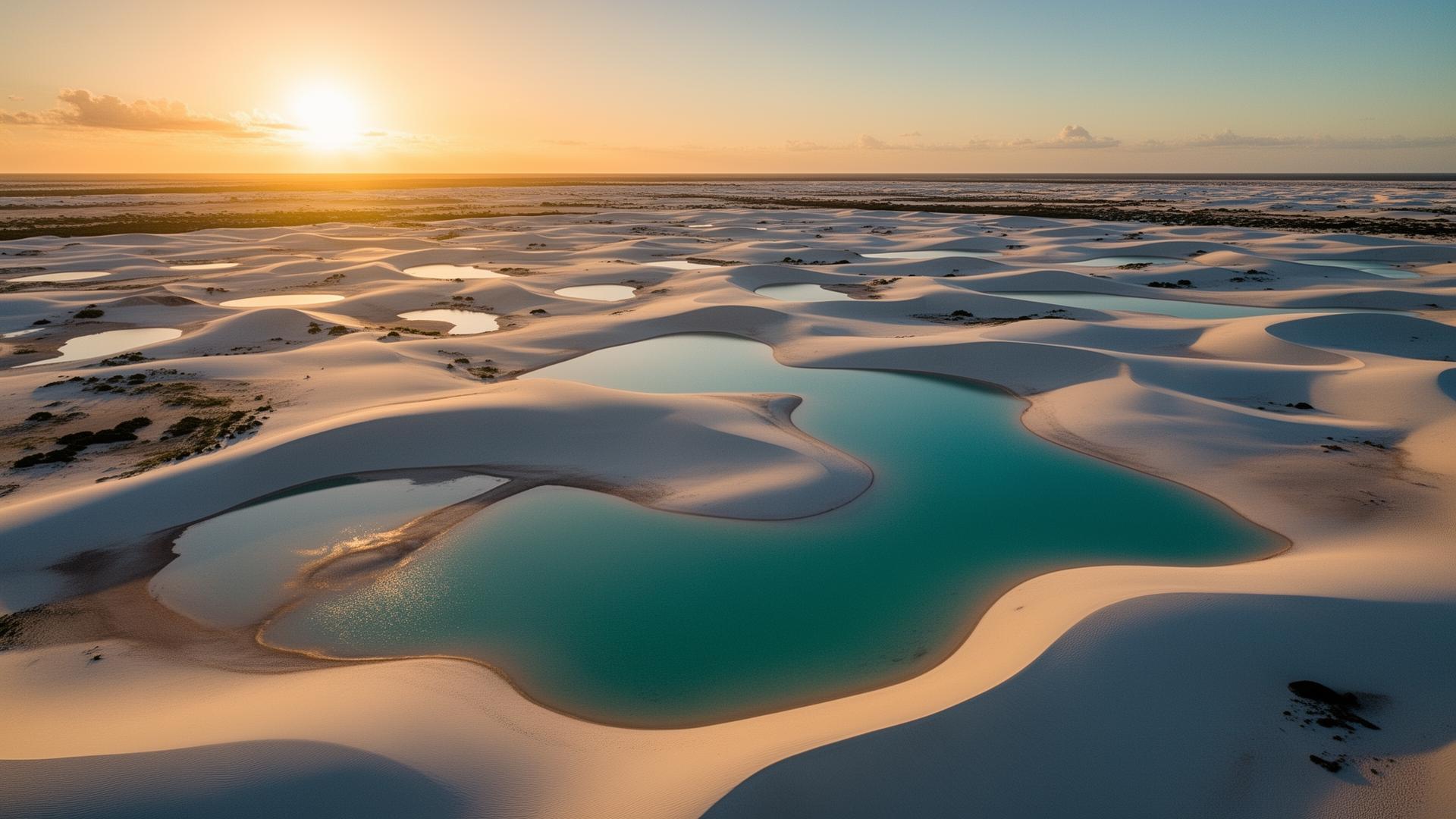 Vista aérea das lagoas e dunas dos Lençóis Maranhenses ao pôr do sol